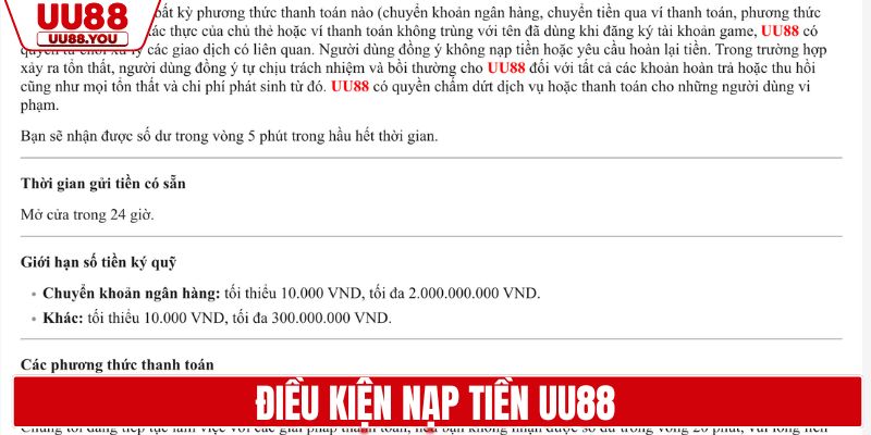 Điều kiện nạp tiền UU88
