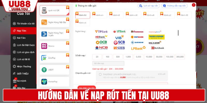 Hướng dẫn về nạp rút tiền tại UU88