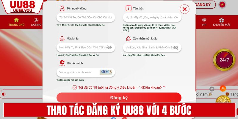 Thao tác đăng ký UU88 với 4 bước